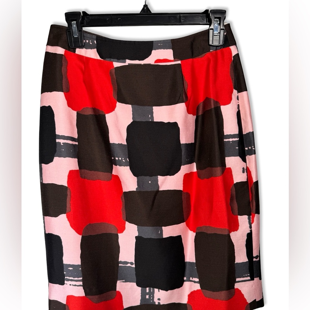 Kate Spade Skirt Sz 2 Red Jordan Silk Blend Checker Geometric Pencil Style Work